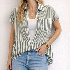 Jane + Delancey Anthropologie Green Striped Women’s Collared Button Up shirt
